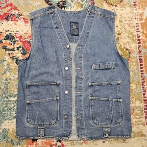 Vintage Radjam Results Denim Jean Utility Vest Mens Size Medium Button Down